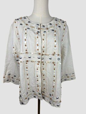 Gretchen Scott White Linen Resort Jacket Top Sz L Embellished Shell Beads Boho